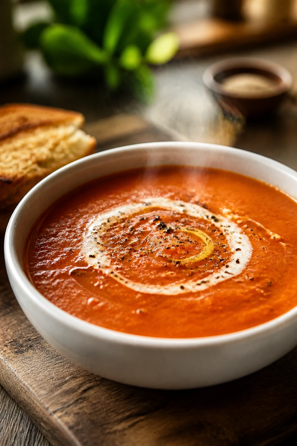 Close-up of creamy tomato soup in a bowl on a wooden table, steam rising in a cozy kitchen setting