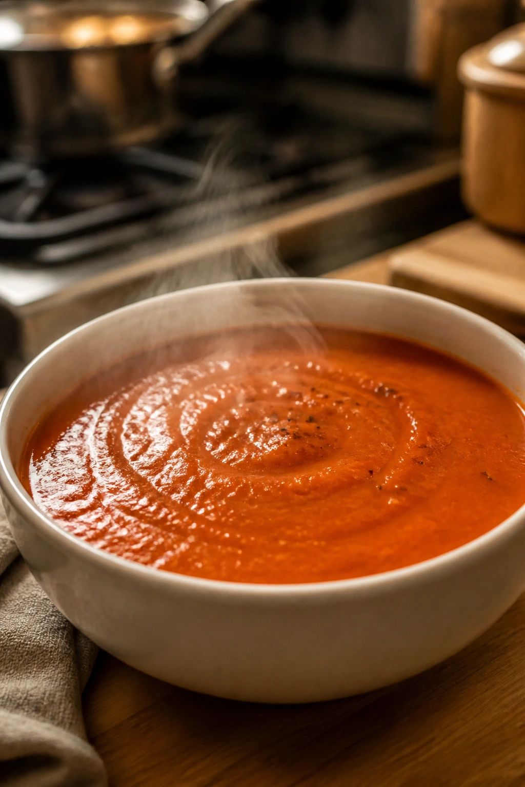 Close-up of creamy tomato soup in a white bowl with steam in a warm kitchen