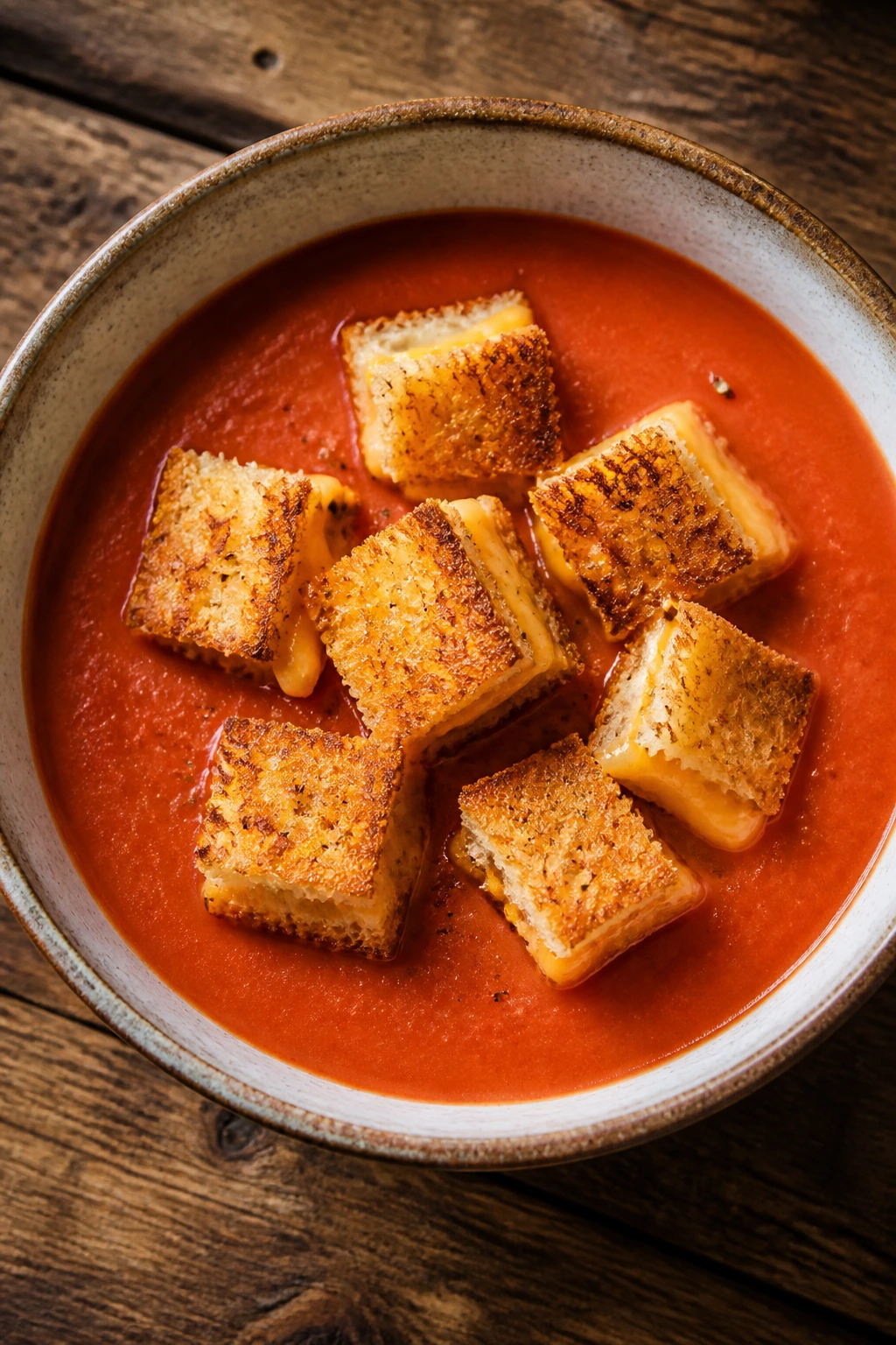 Bowl of tomato soup with grilled cheese croutons