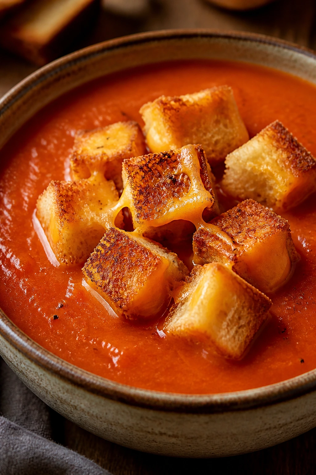 Close-up of tomato soup topped with grilled cheese croutons