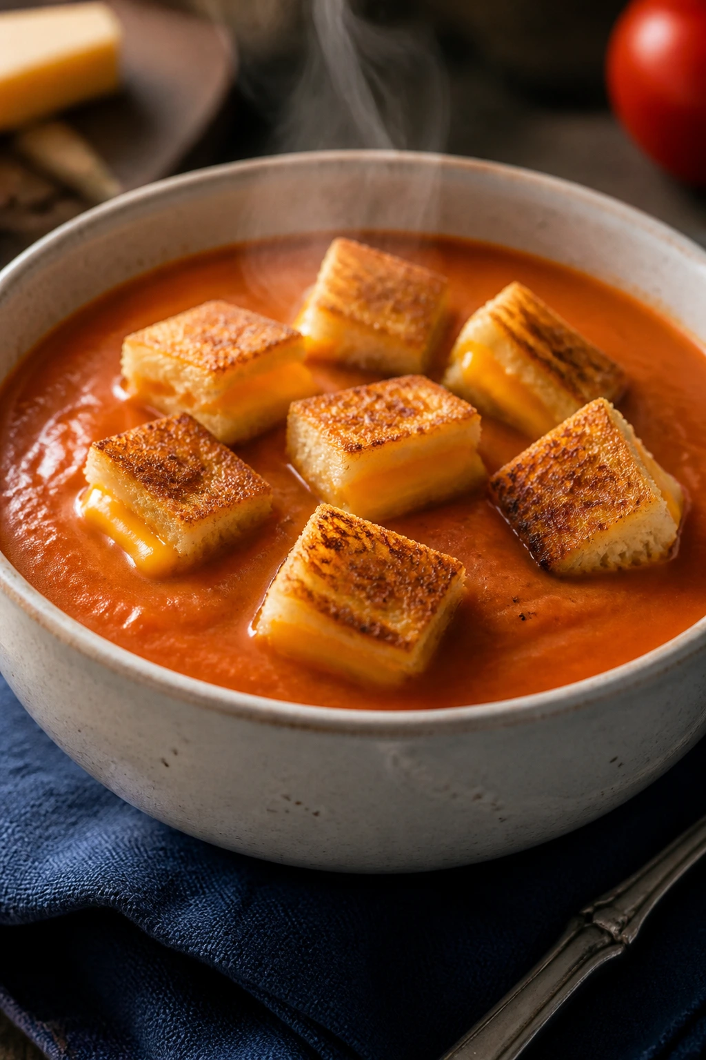 Bowl of tomato soup with grilled cheese croutons floating on top