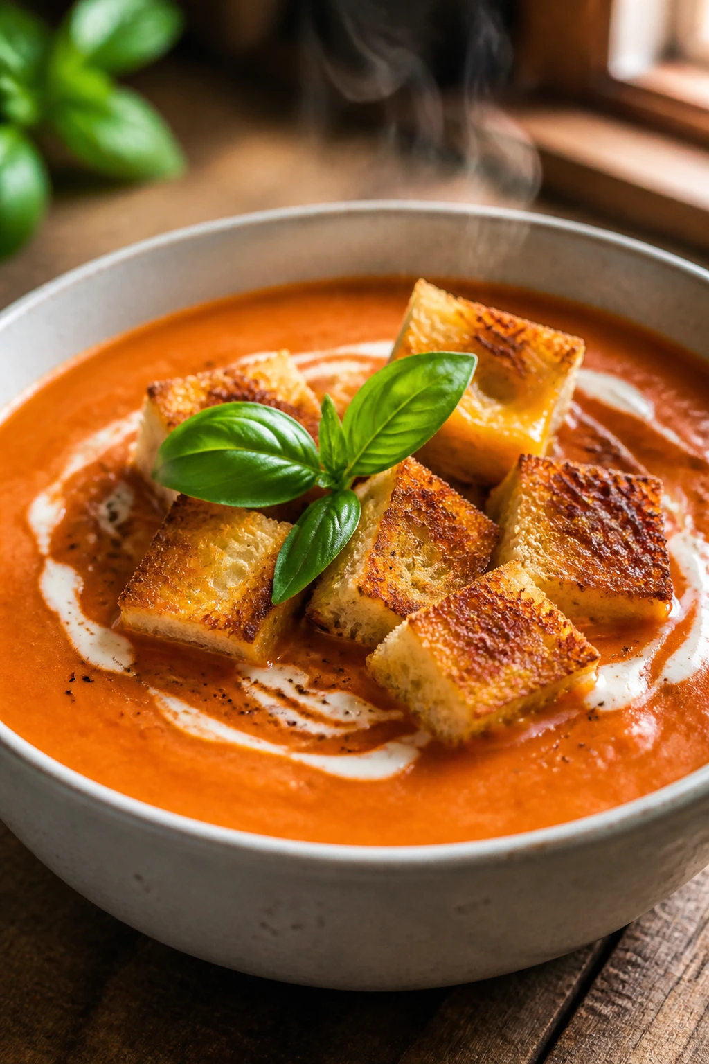 Close-up of roasted tomato soup with grilled cheese croutons and basil on a rustic table