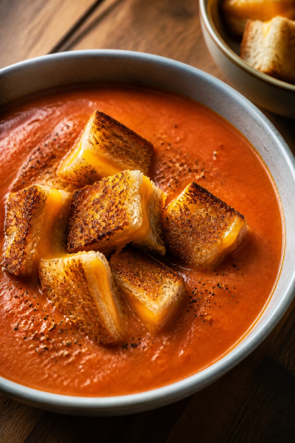 Close-up of tomato soup with grilled cheese croutons in a bowl