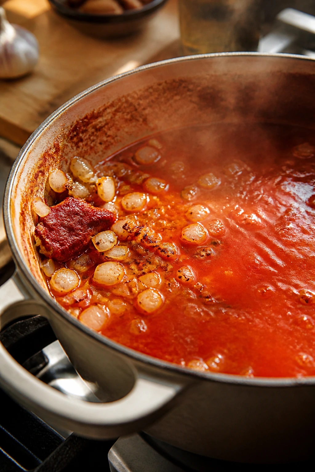 Simmering tomato soup in a pot with aromatics