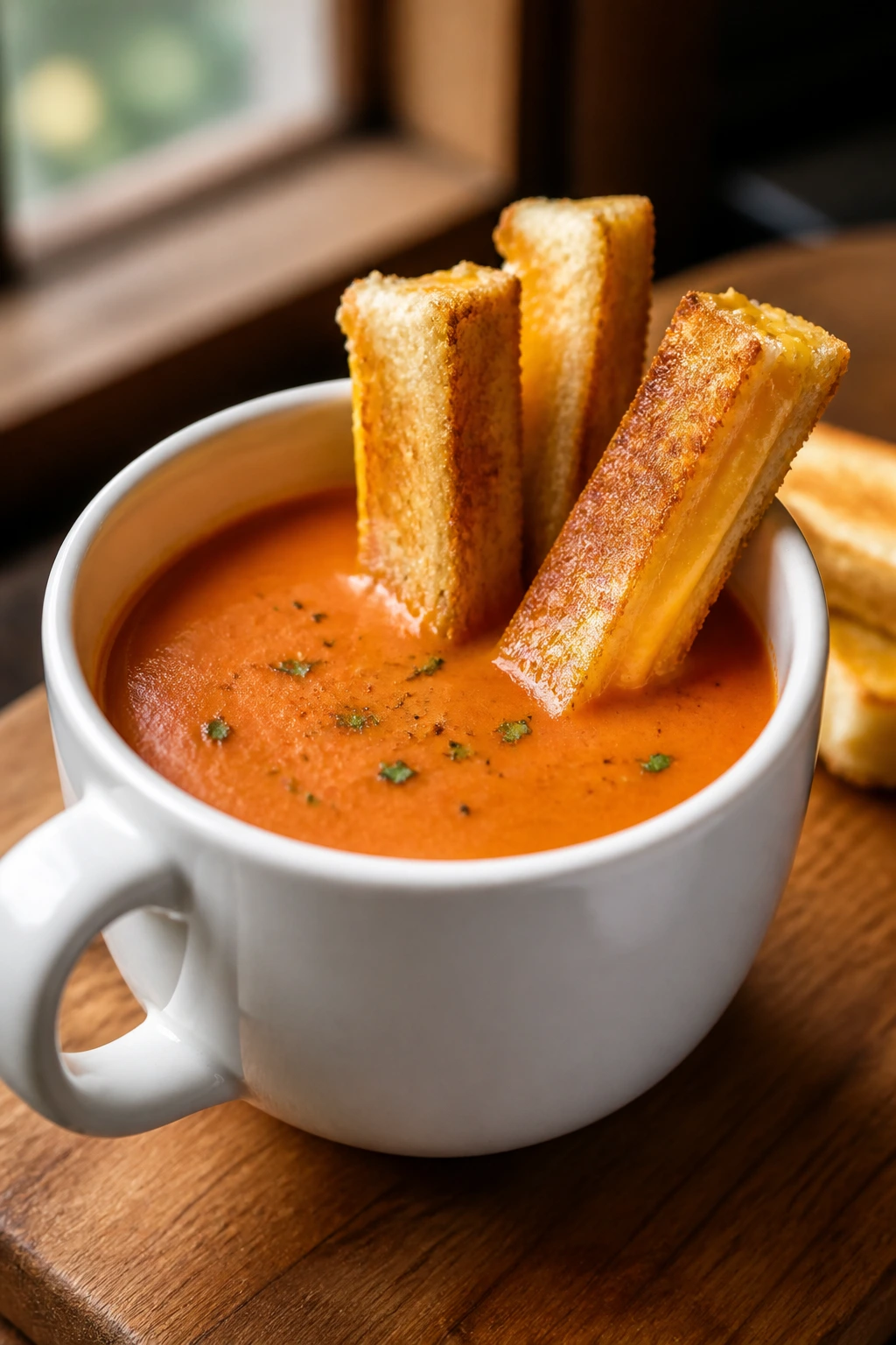 Close-up of silky tomato soup in a mug with grilled cheese dippers