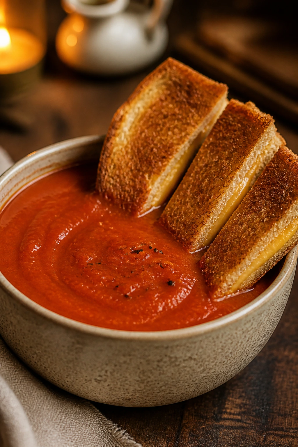 Thick tomato soup with grilled cheese dippers