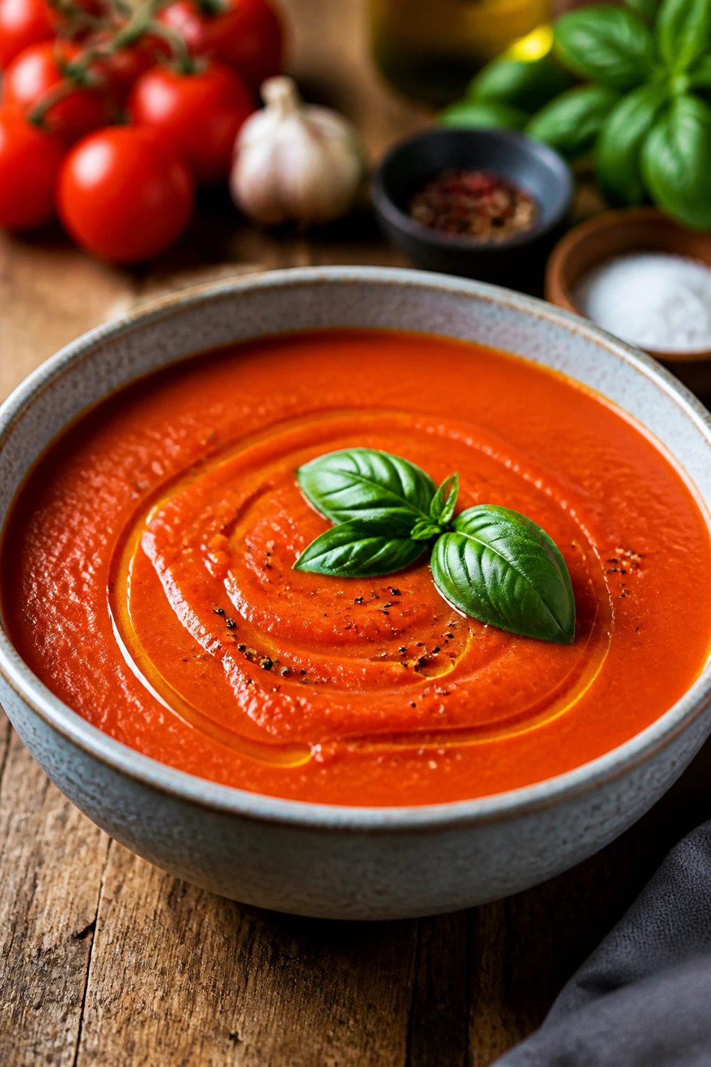 Close-up of vibrant tomato soup with olive oil swirl and basil in a cozy kitchen