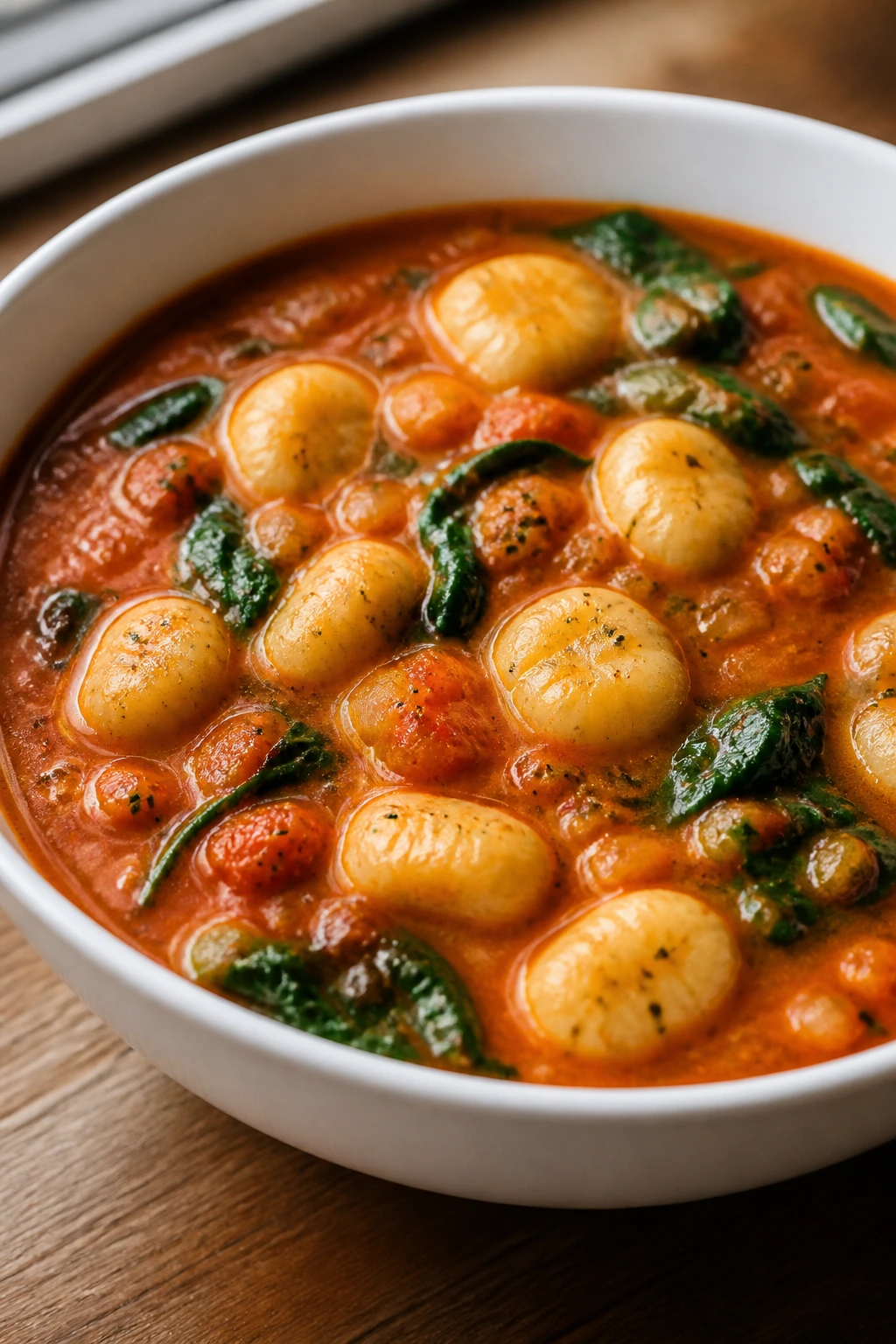 Tomato soup with gnocchi and spinach in a bowl