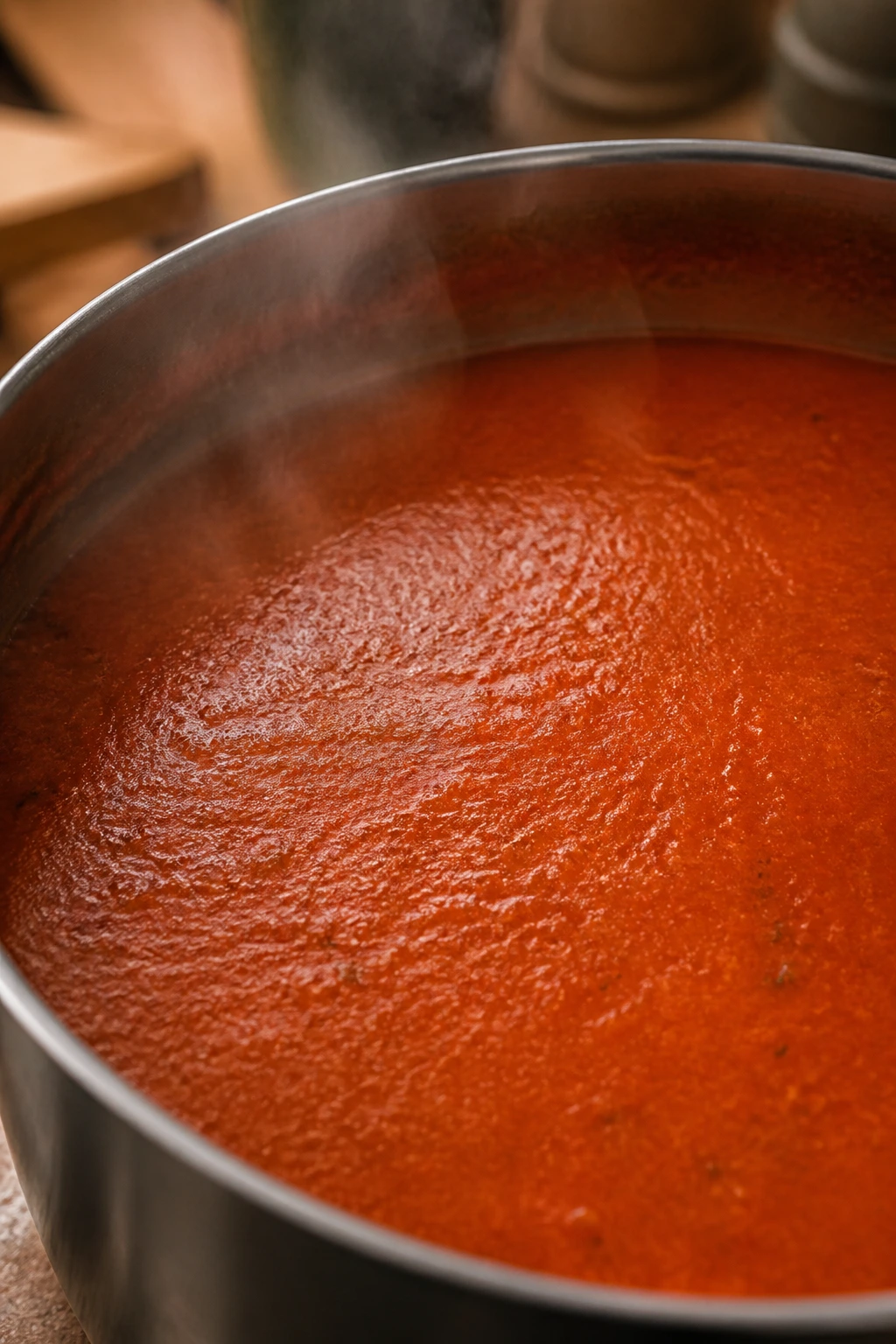 Close-up of tomato soup with grainy texture in a bowl