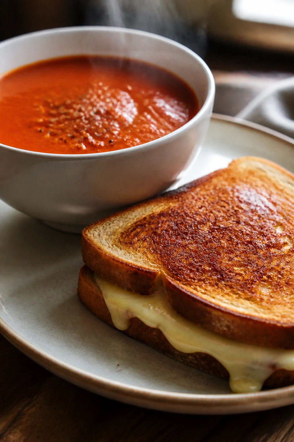 Bowl of tomato soup with grilled cheese sandwich on a cozy table