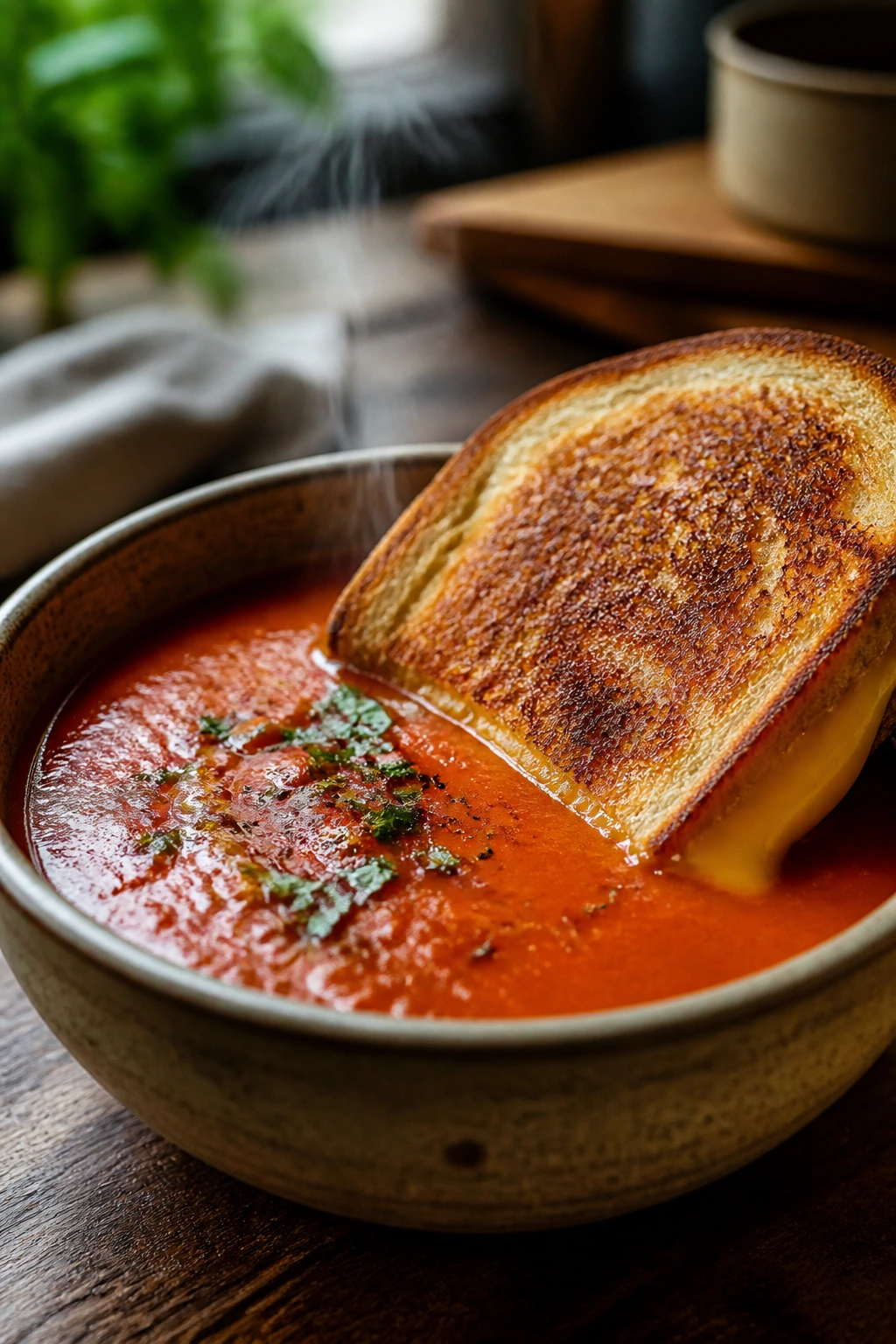 Tomato soup in a bowl with a grilled cheese sandwich on a wooden counter