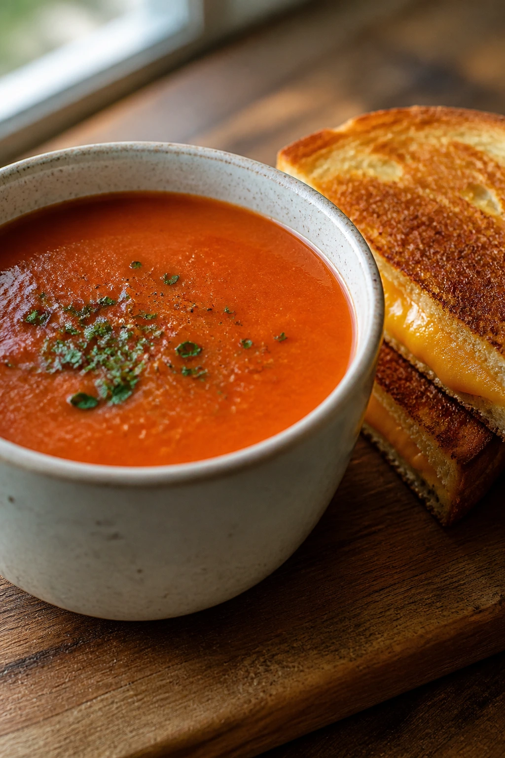 Tomato soup in a bowl with grilled cheese beside it on a cozy kitchen table