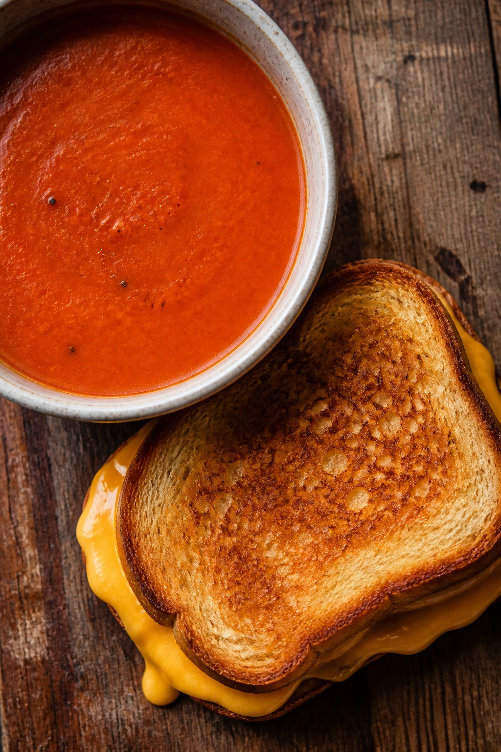 Bowl of tomato soup with a grilled cheese sandwich on a wooden surface