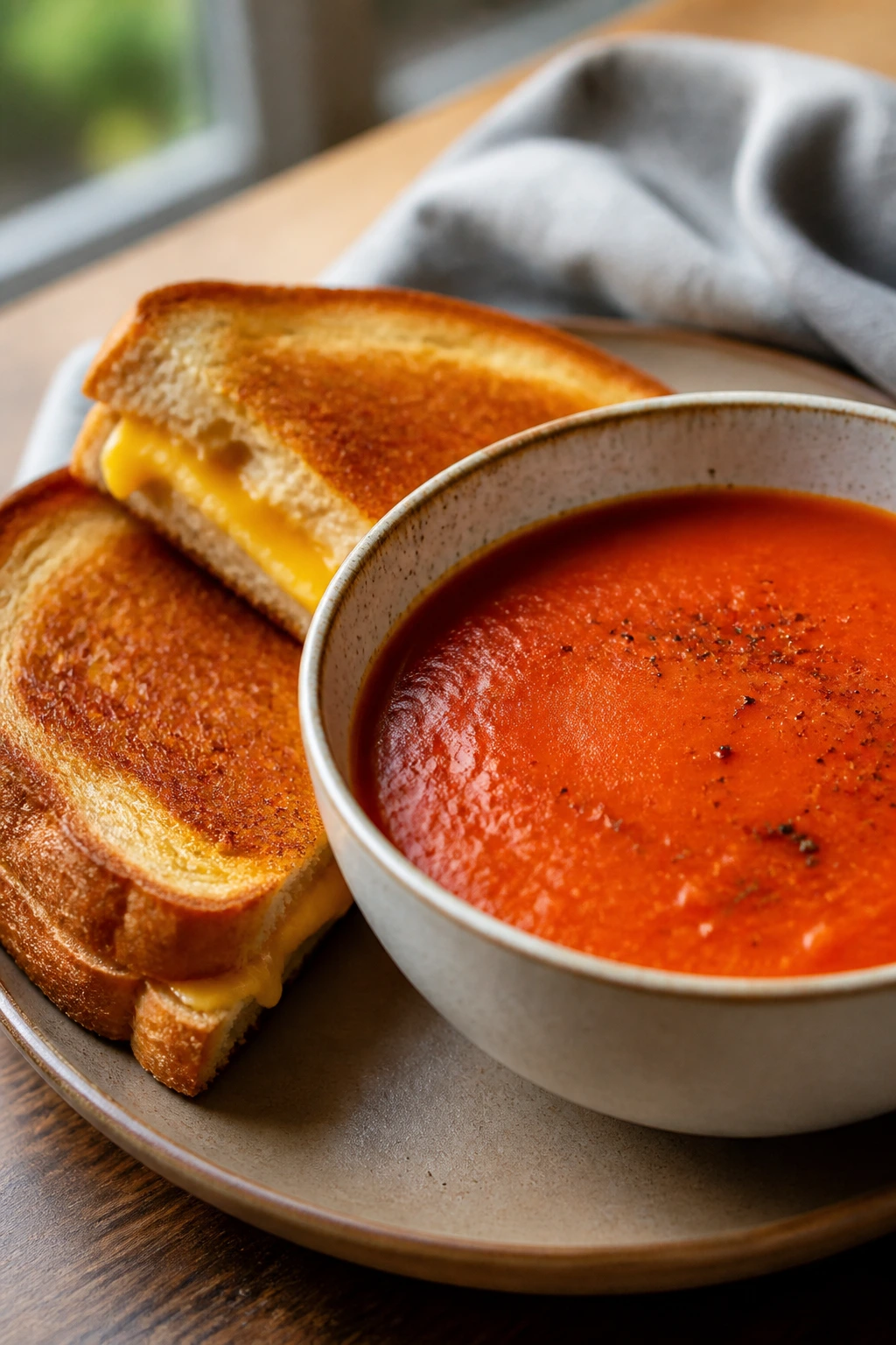 Tomato soup with grilled cheese sandwich on a cozy kitchen table