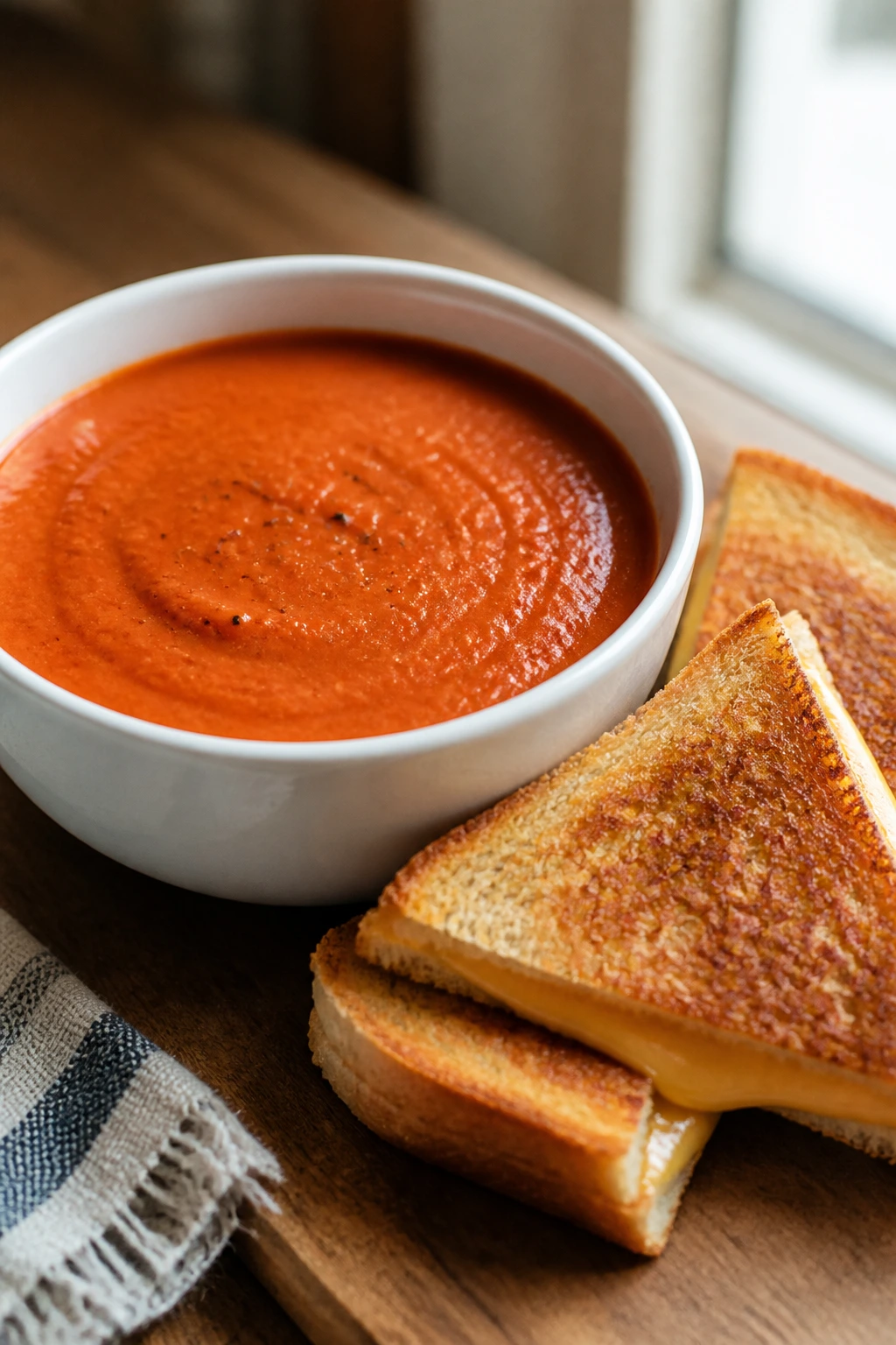 Bowl of tomato soup with grilled cheese triangles on a kitchen counter.