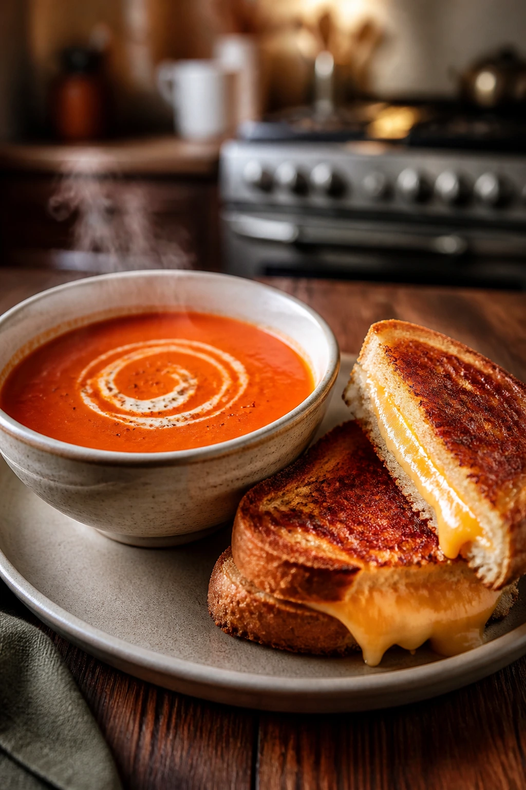Creamy tomato soup with a grilled cheese sandwich on a plate