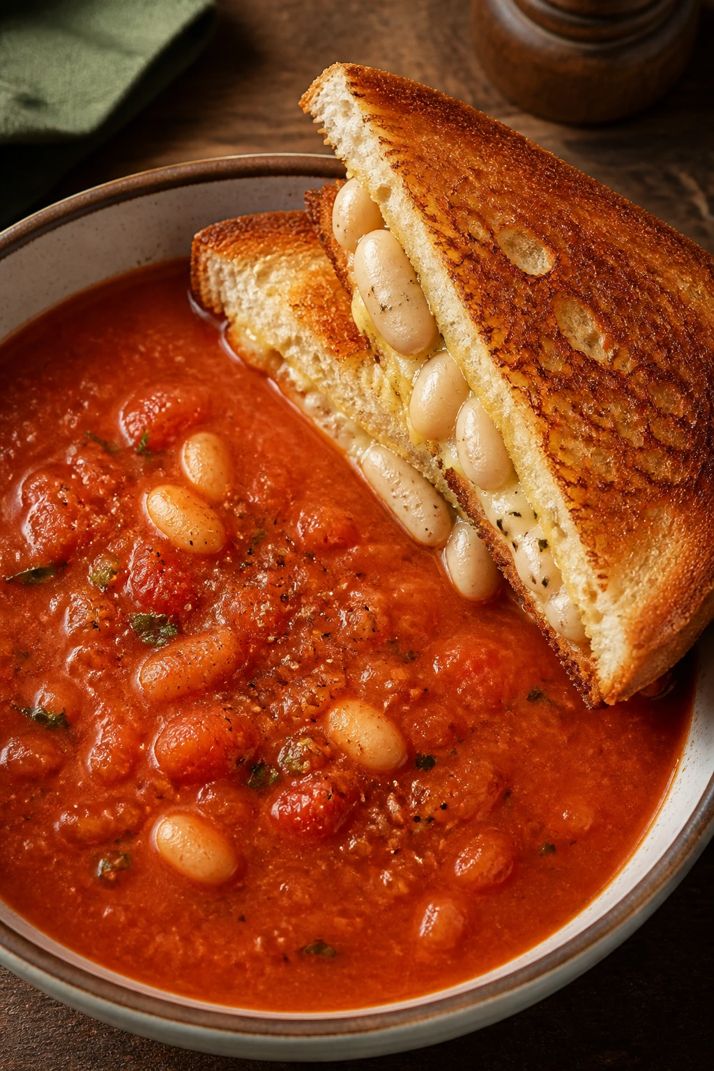 Bowl of tomato soup with a grilled cheese sandwich