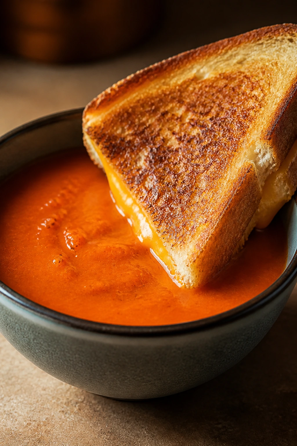 Tomato soup with a grilled cheese sandwich resting on the bowl