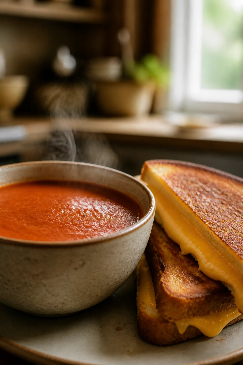 Steaming tomato soup with grilled cheese in a cozy kitchen