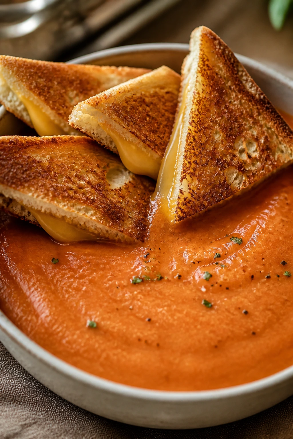 Creamy tomato soup in a bowl with grilled cheese dippers