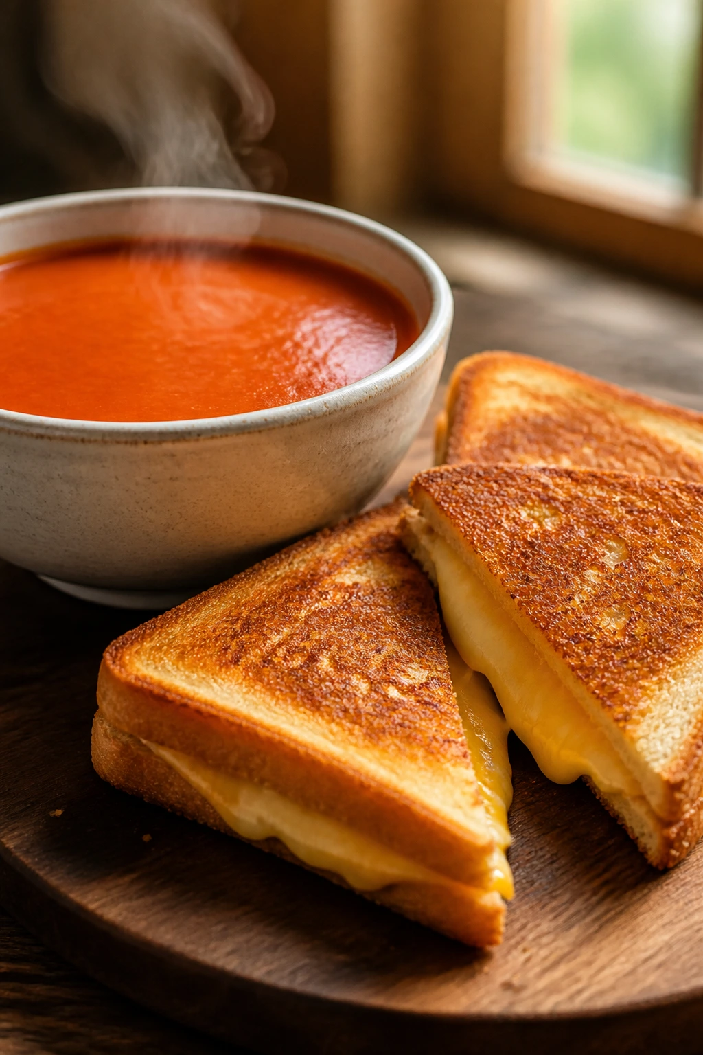 Steaming tomato soup with a grilled cheese sandwich