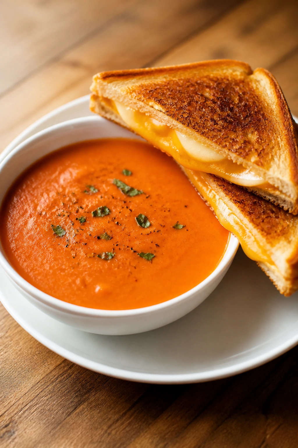 Bowl of creamy tomato soup with a grilled cheese sandwich cut in half beside it