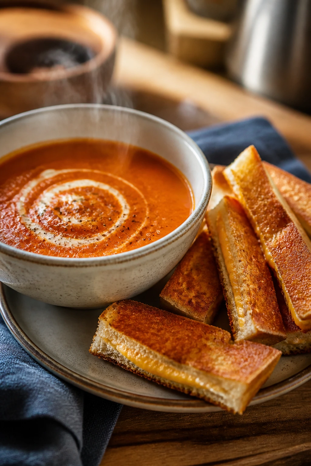 Steaming tomato soup with grilled cheese dippers on a bowl