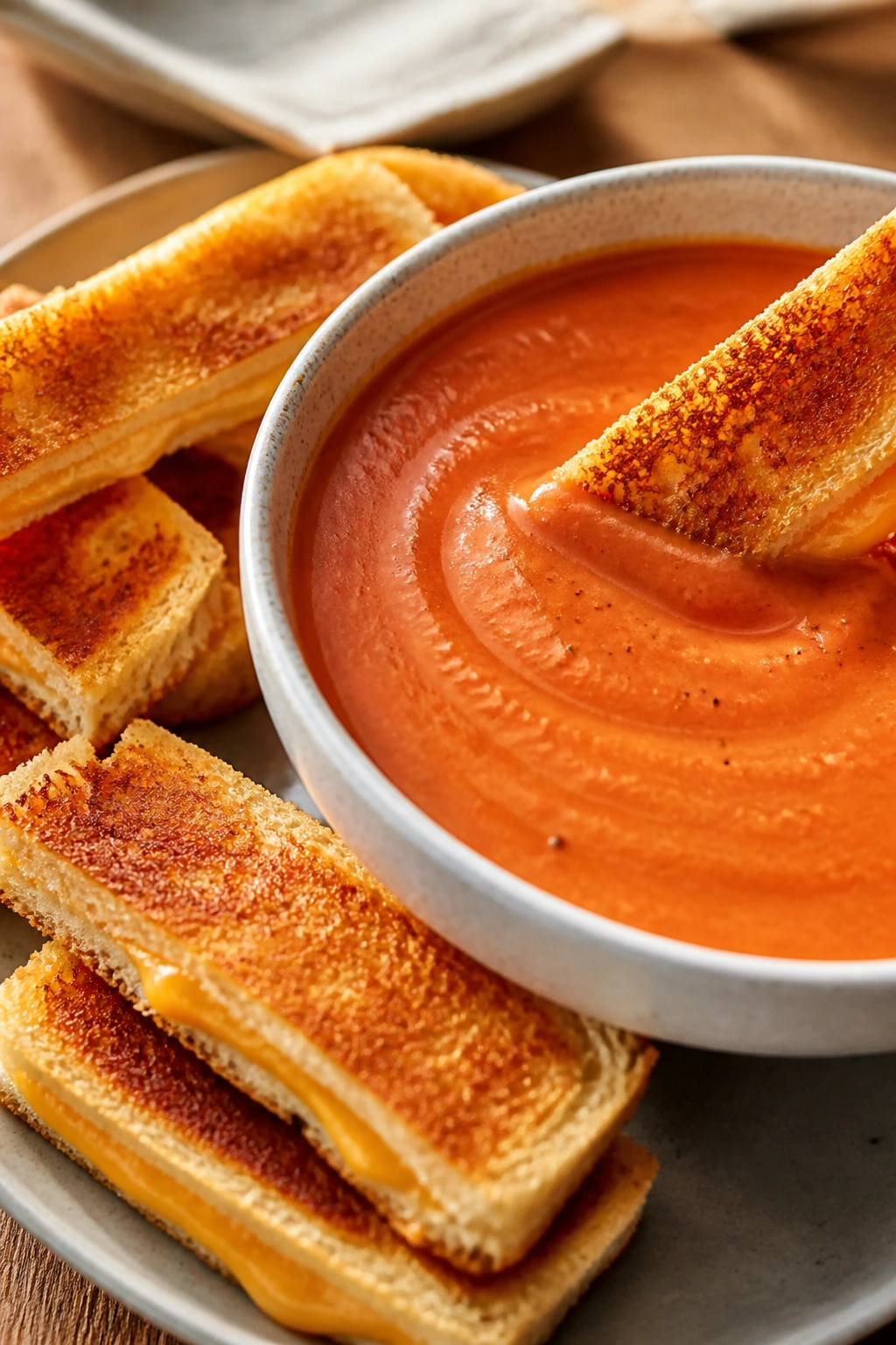 Close-up of tomato soup with grilled cheese dippers