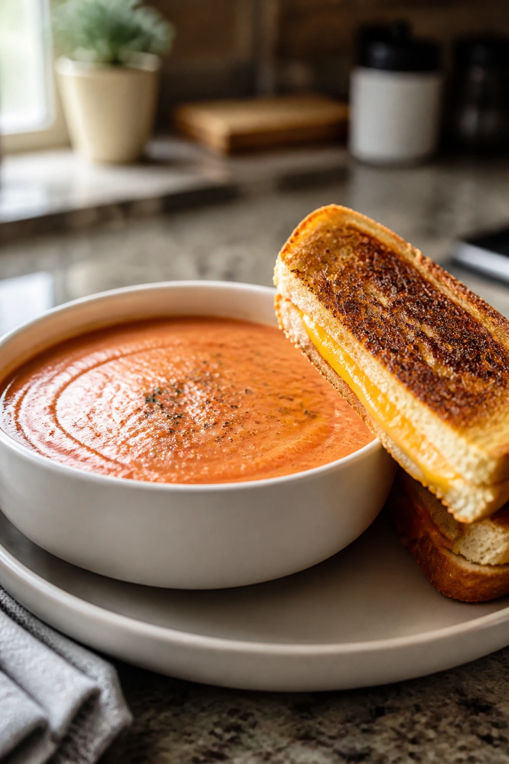 Creamy tomato soup with grilled cheese sandwich.