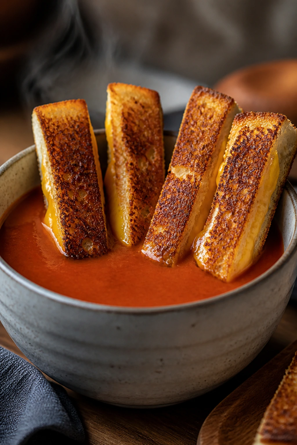 Close-up of tomato soup with grilled cheese dippers for dipping.