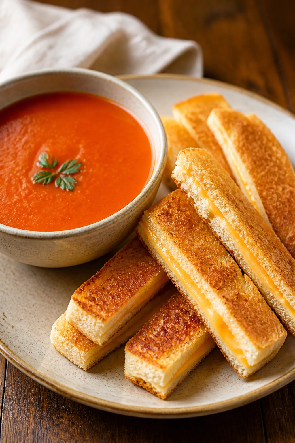 Bright tomato soup with grilled cheese dippers on a wooden table