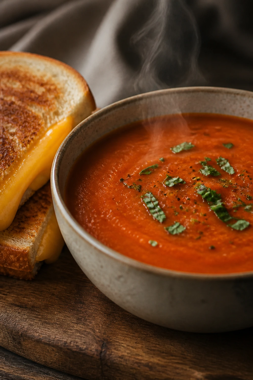 Tomato soup with a grilled cheese sandwich in a cozy kitchen