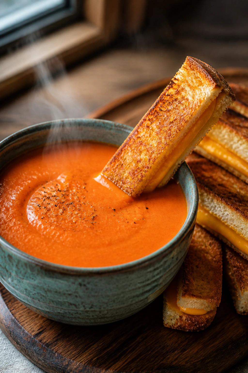Steaming bowl of creamy tomato soup with grilled cheese dippers for dipping