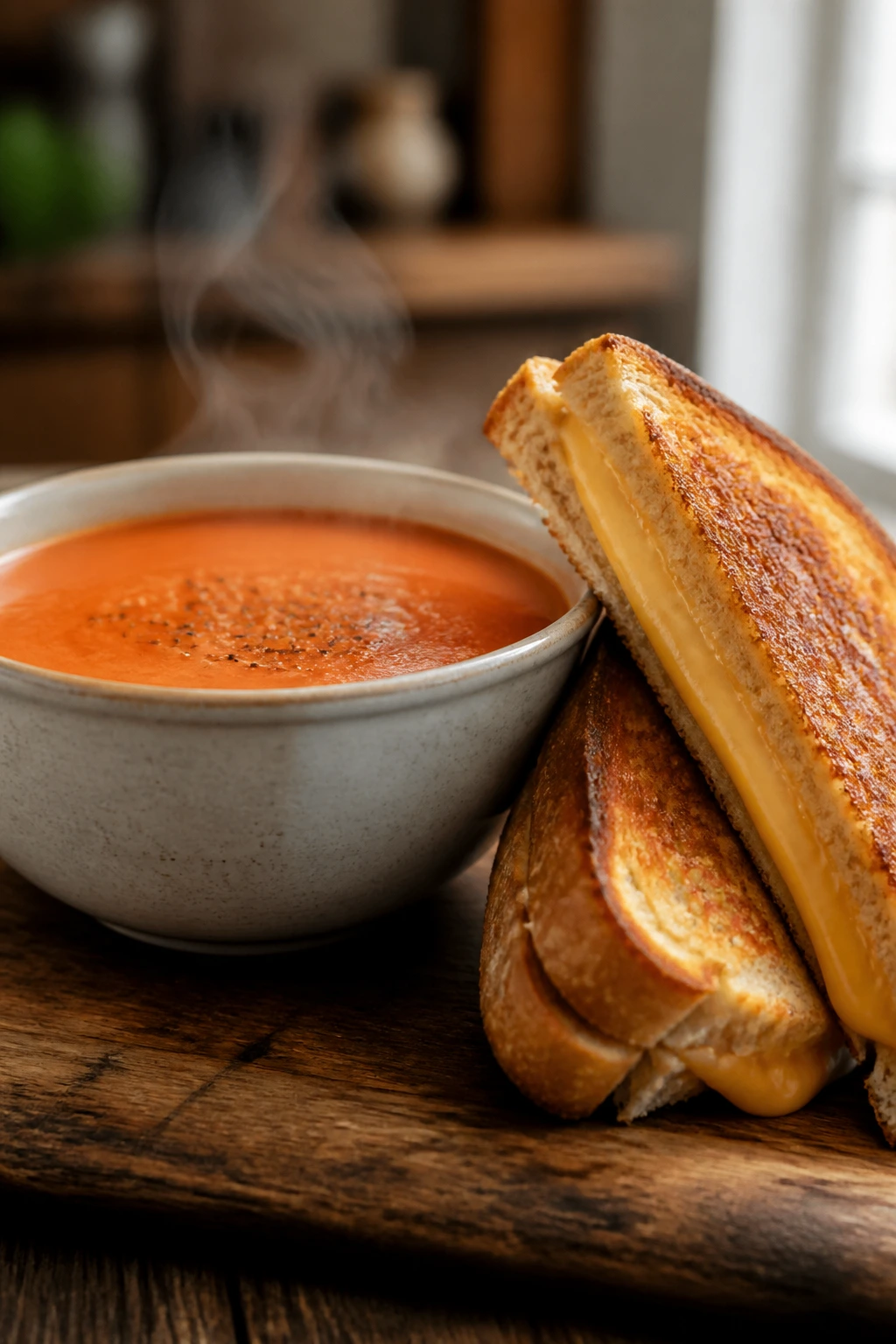 Creamy tomato soup with grilled cheese on rustic wooden table