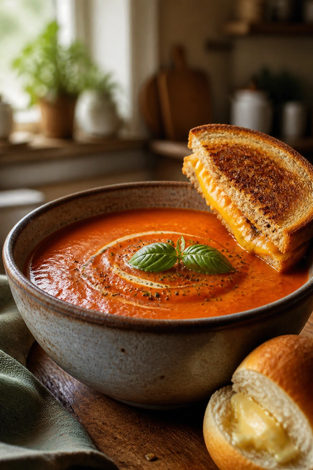 Close-up of thick tomato soup in a rustic bowl with grilled cheese and bread on a wooden table