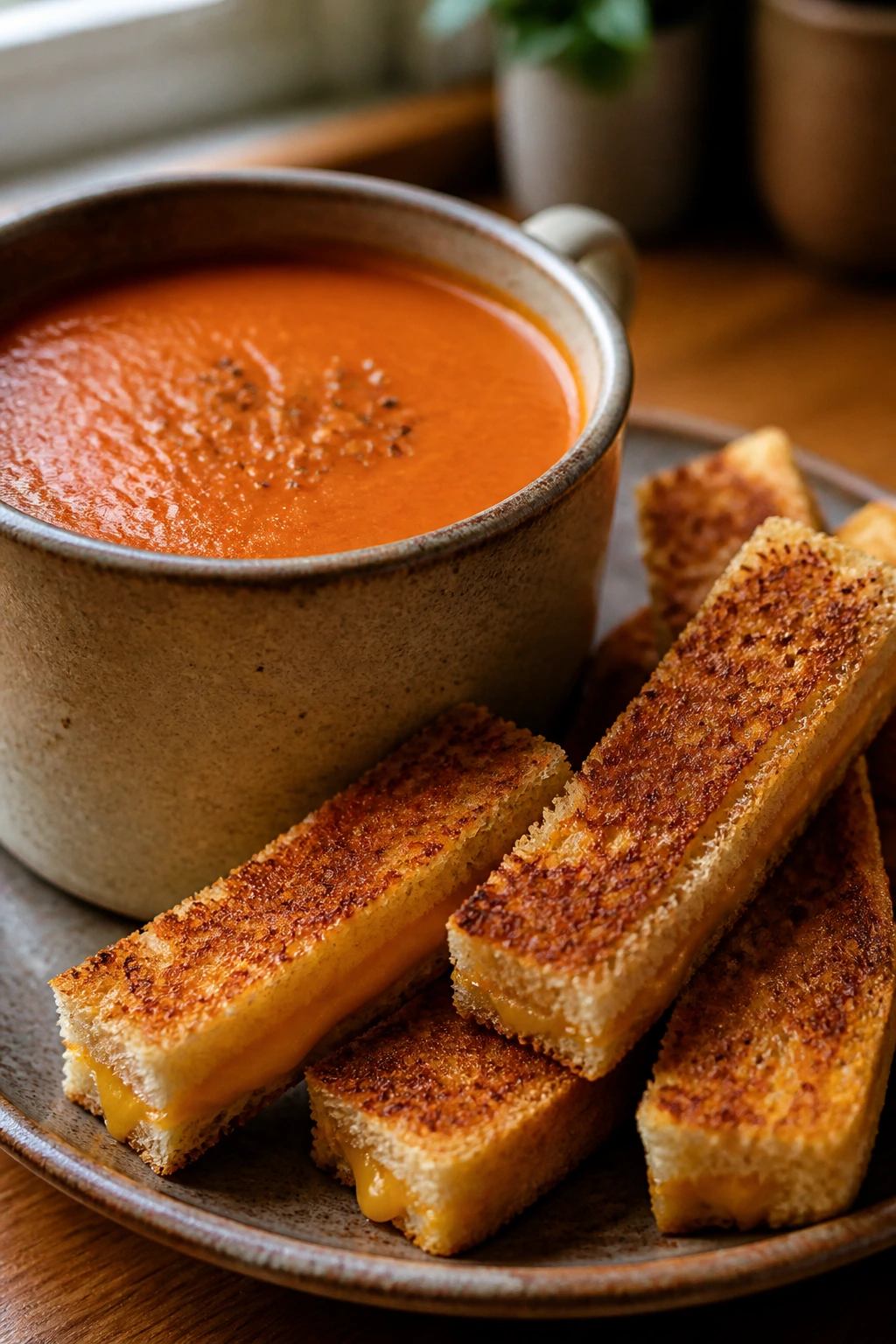 Close-up of creamy tomato soup with grilled cheese dippers in a cozy kitchen