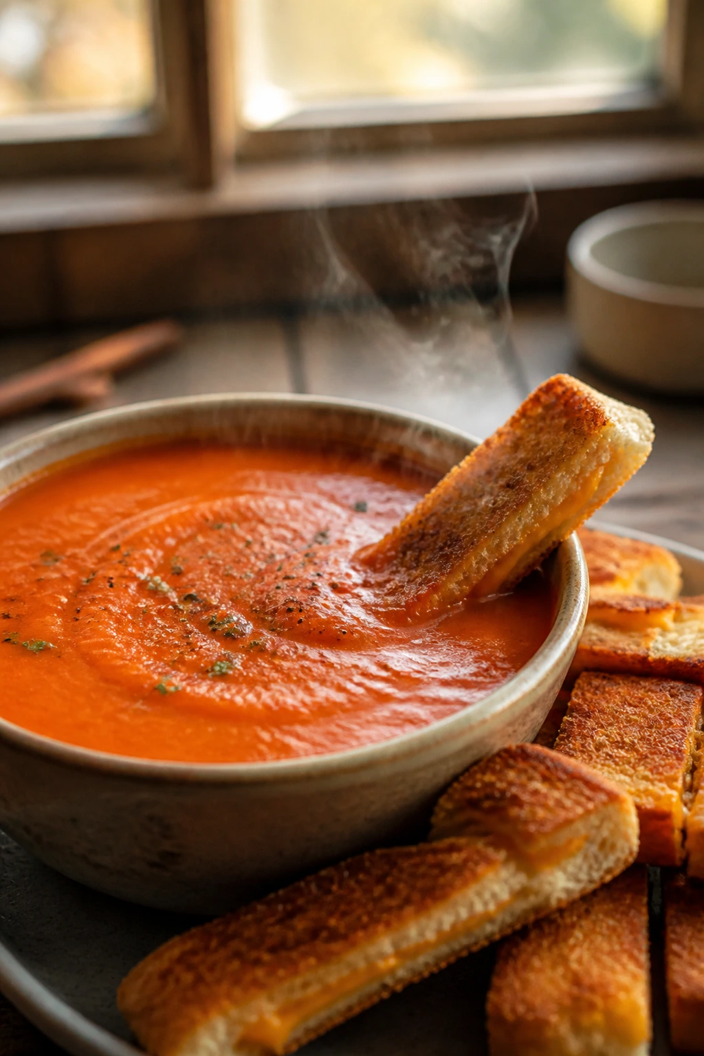 Close-up of bright tomato soup with grilled cheese dippers in a bowl