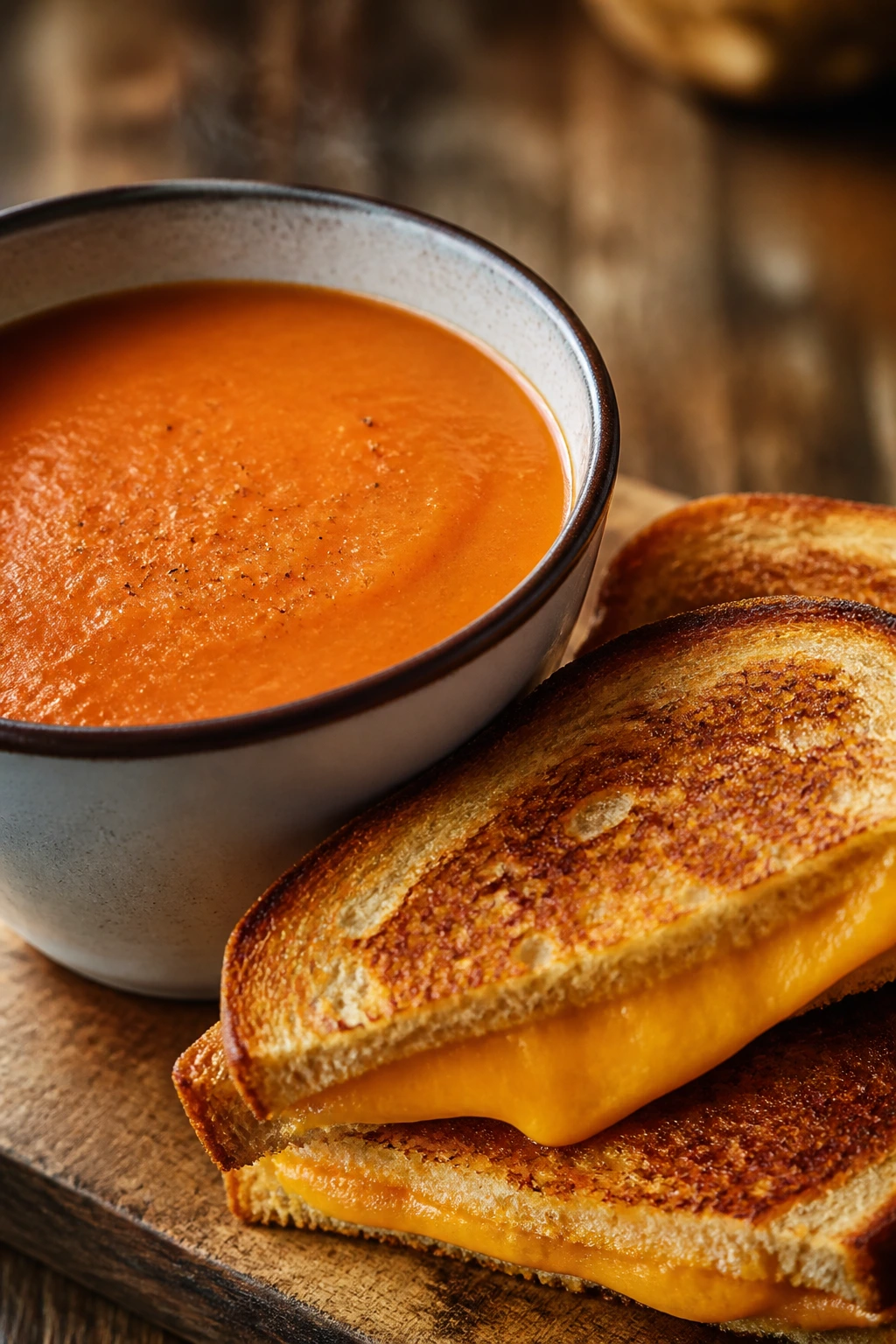 Creamy tomato soup with a dipping grilled cheese in a warm kitchen