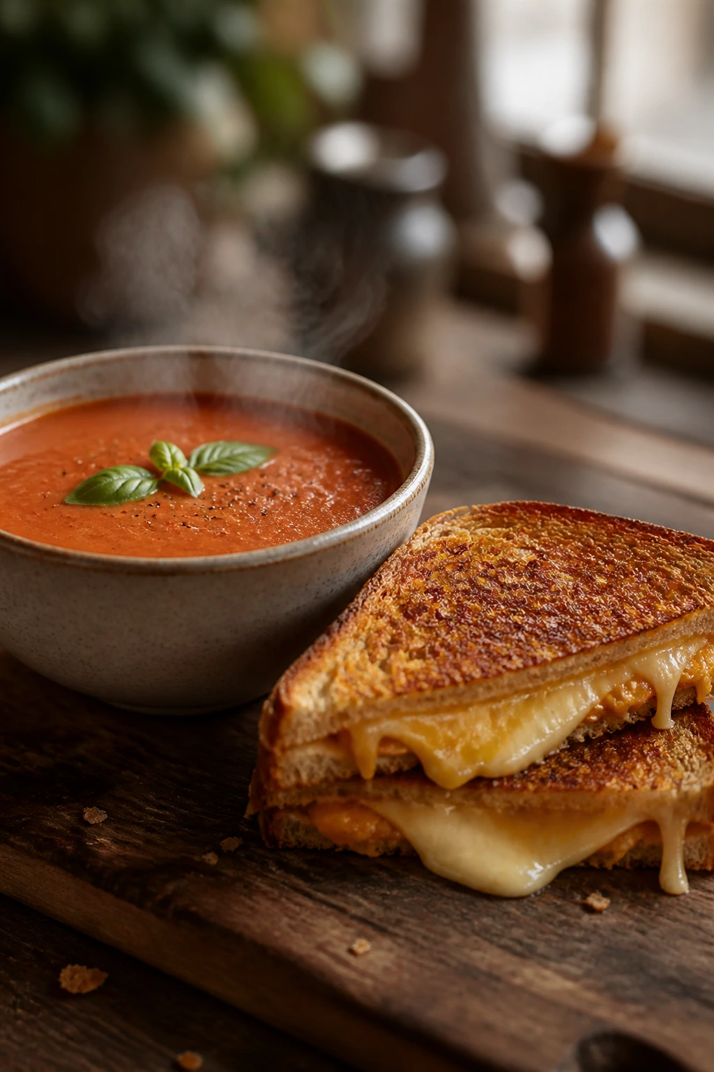 Tomato soup with grilled cheese on wooden board in cozy kitchen