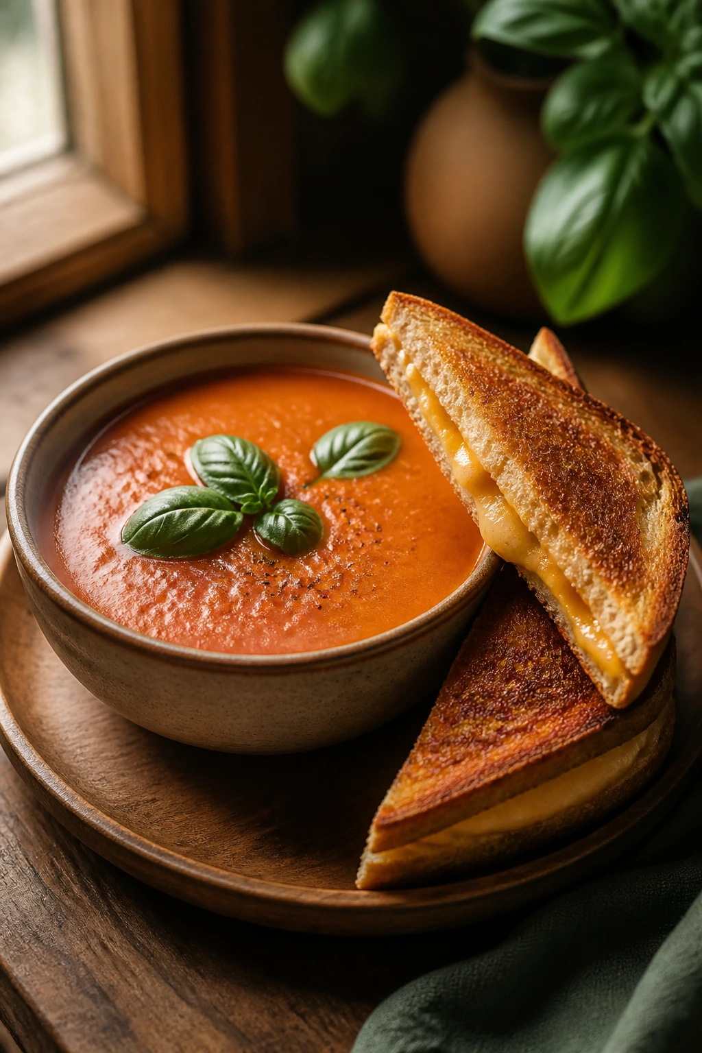 Tomato soup in a bowl with grilled cheese triangles on the side and basil garnish