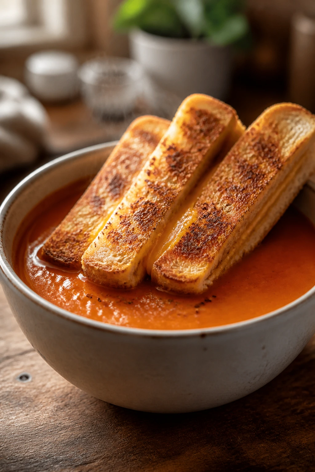Close-up of tomato soup with grilled cheese soldiers in a bowl on a wooden table
