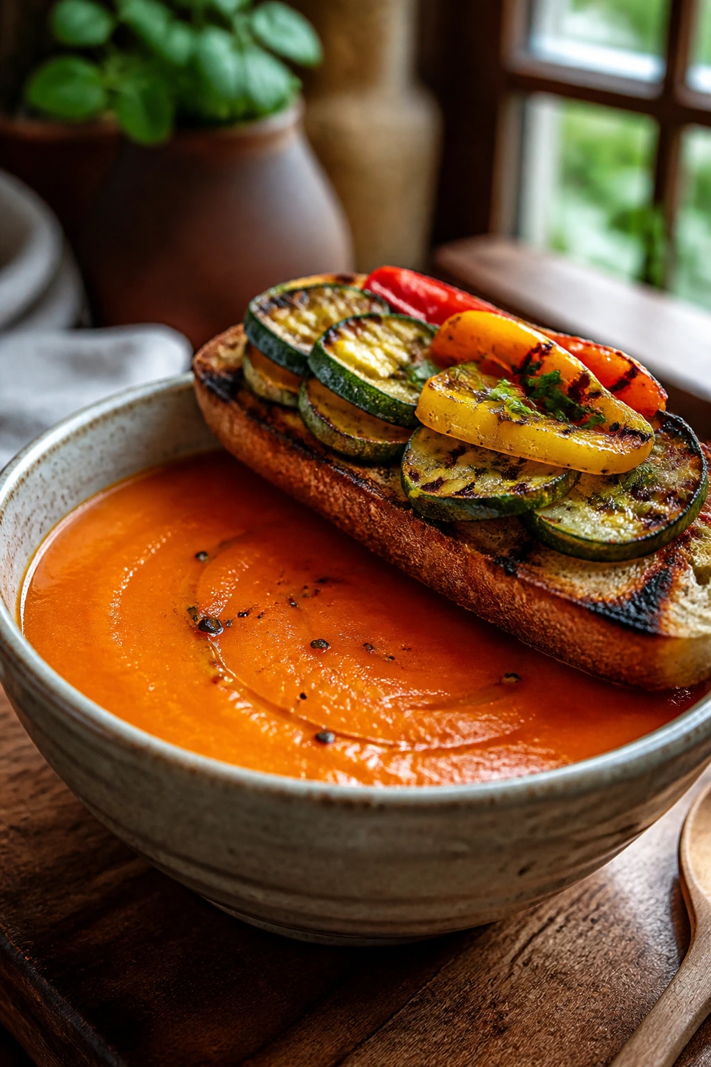 Bright tomato soup with grilled vegetable toast