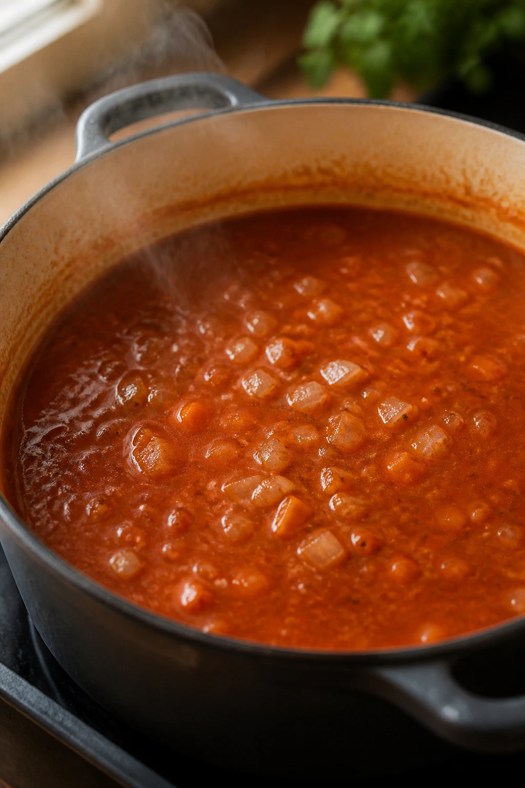 Simmering tomato soup with onion and carrot in a pot