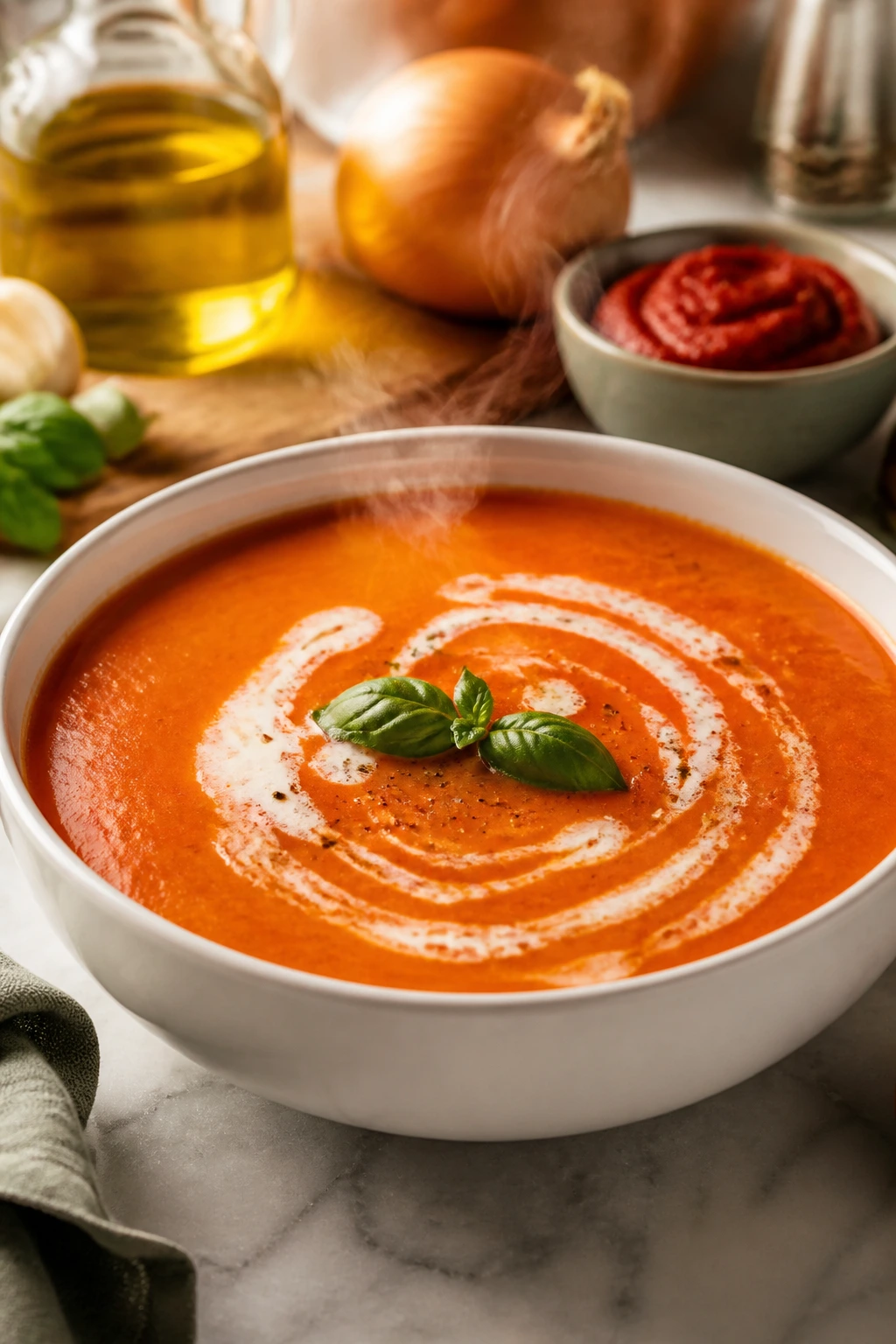 Creamy tomato soup with a swirl of cream in a bowl on a kitchen counter