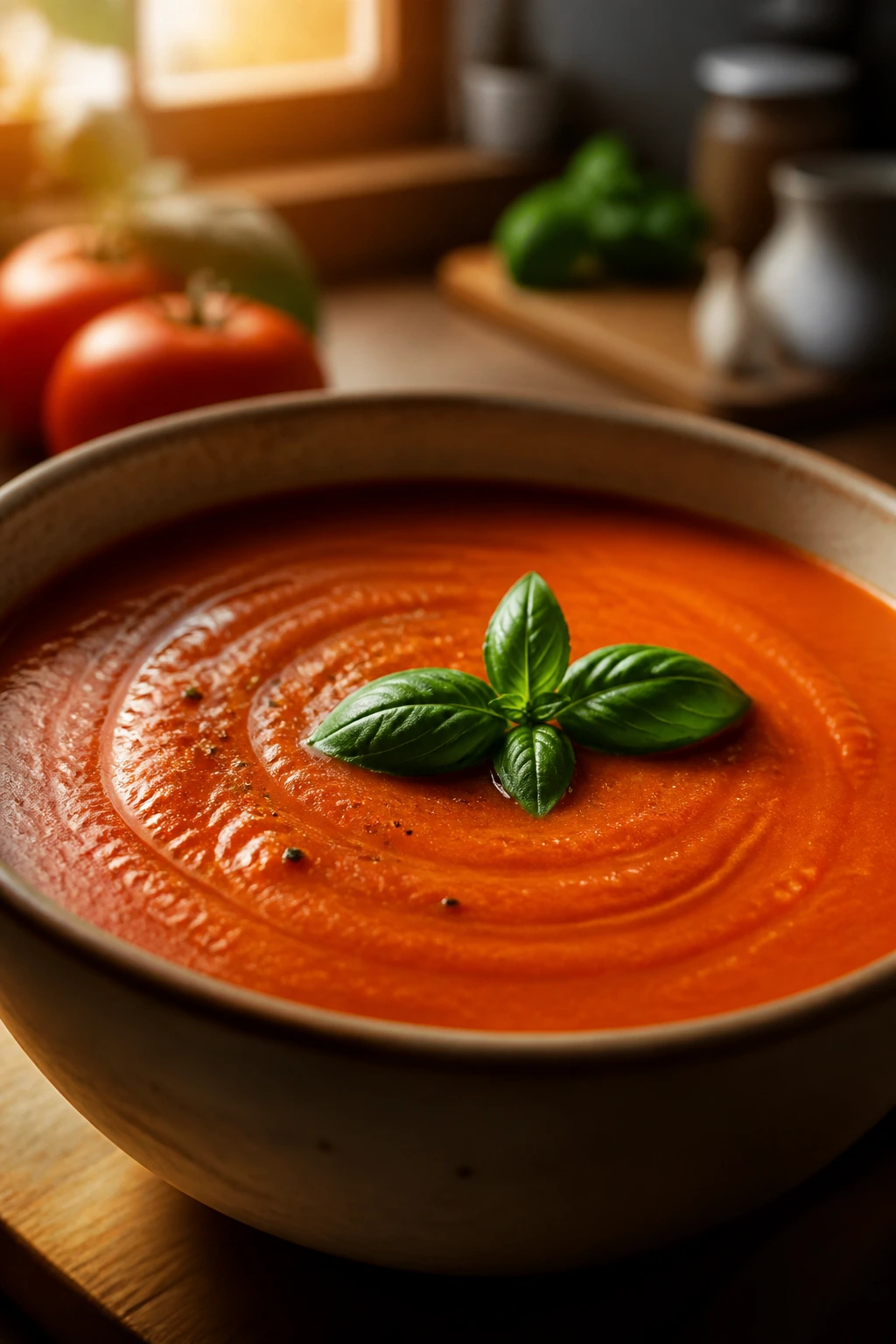 Tomato soup in a bowl with basil garnish in a cozy kitchen