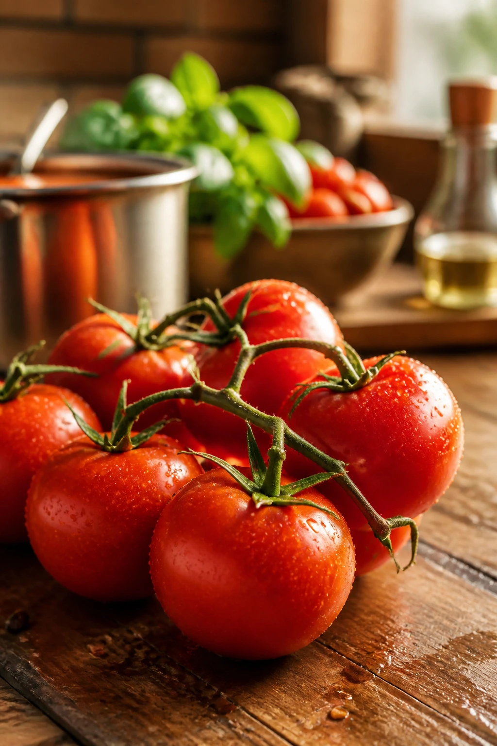 Ripe tomatoes on wooden surface ready for soup