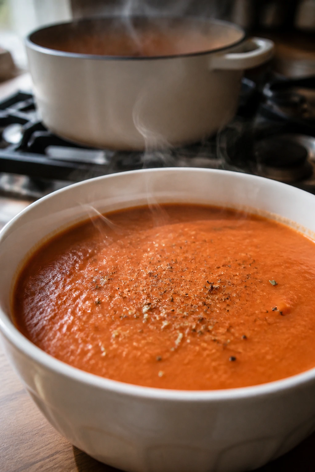 Steaming tomato soup in a bowl with a pot in the background