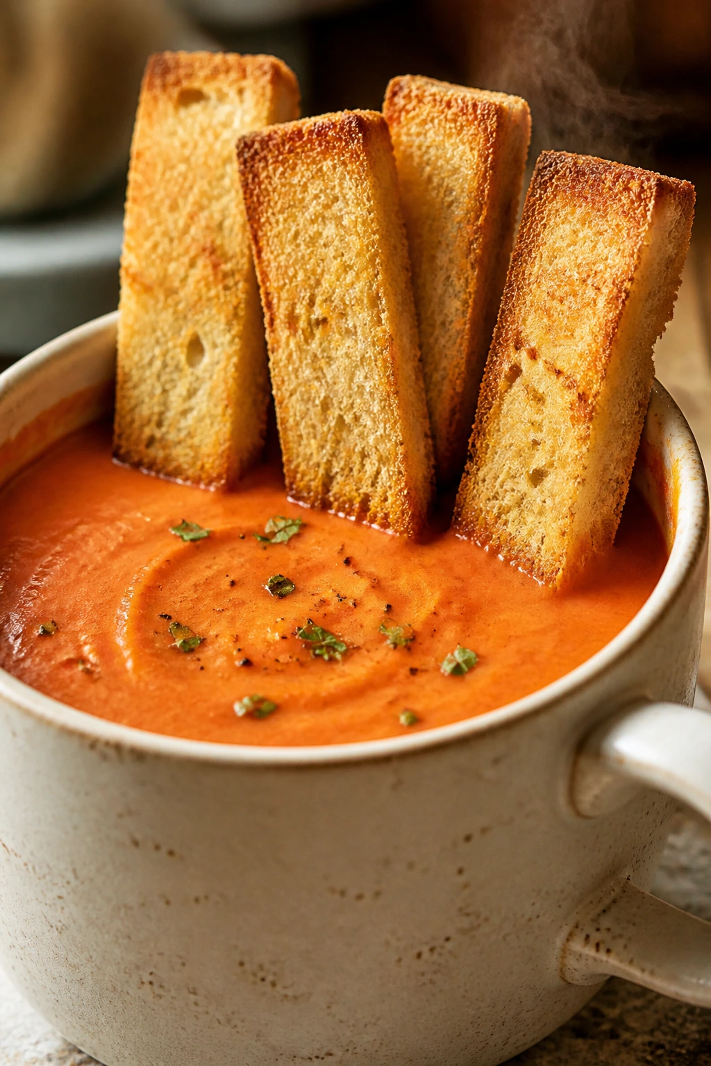 Creamy tomato soup in a mug with toast soldiers on a kitchen counter