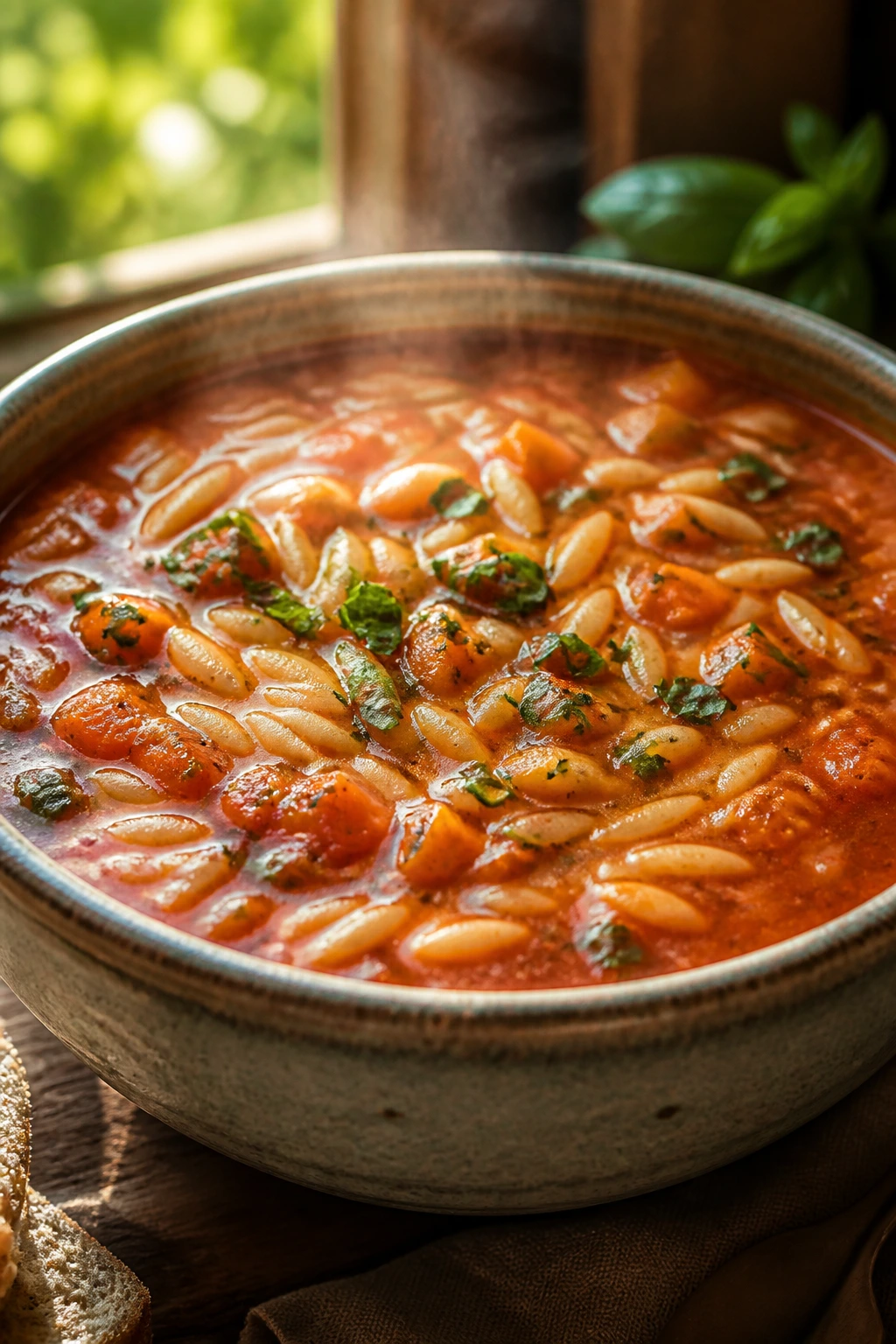 Close-up of tomato soup with orzo, carrot pieces and basil on top