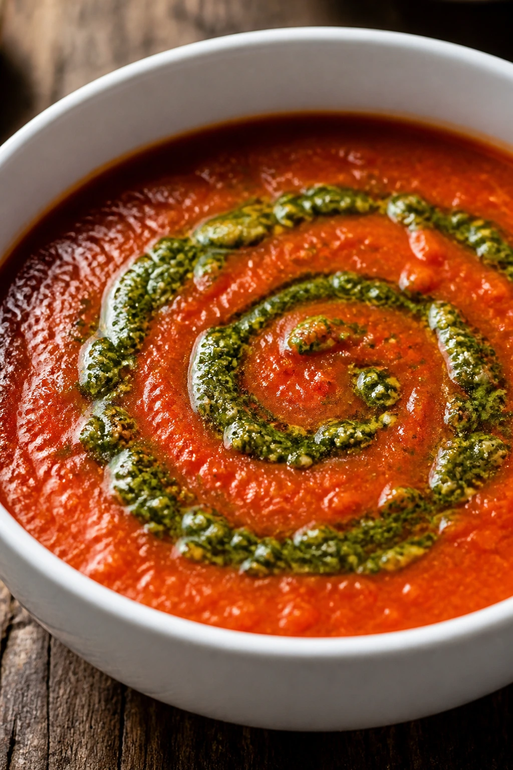 Tomato soup with pesto swirl in a white bowl